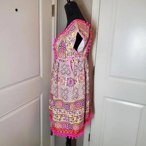 Pink Boho Thai Dress One Size Midi Tie Sides Embroidered Multi Color - Picture 12 of 16